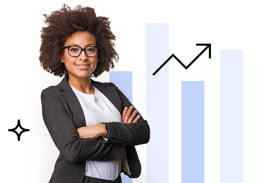 A woman standing in front of a revenue chart